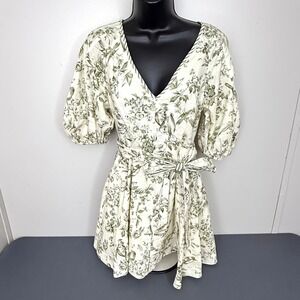 CAARA Dress Women Small Green Floral Toile Puff Sleeve Cotton Flax Linen Belted